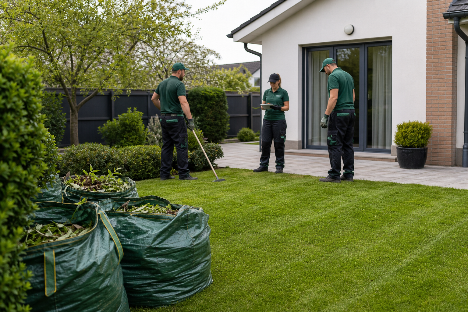 End-of-rental garden tidying with collected waste bags and cleaned lawn