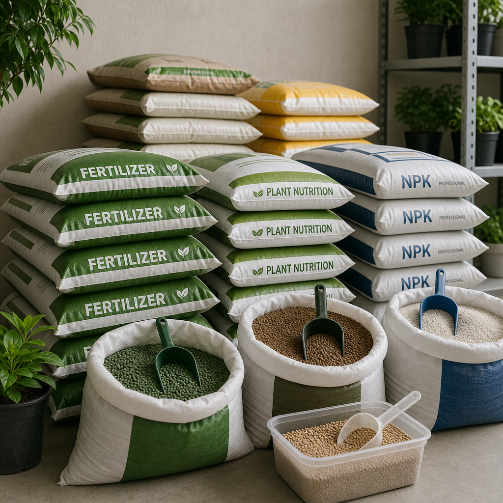 Bags of fertilizer and plant nutrient pellets stacked in a clean storage corner