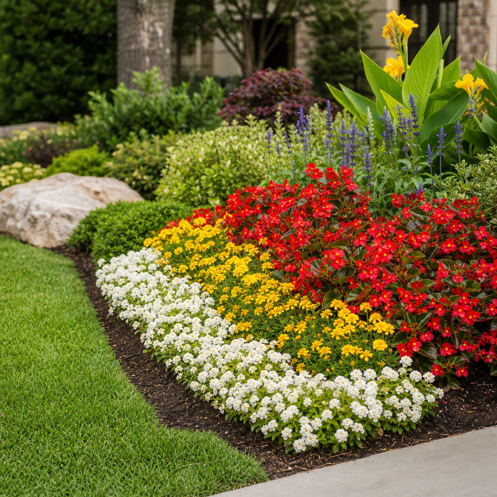 Colorful flower bed with layered seasonal blooms and clean edging in a landscaped garden