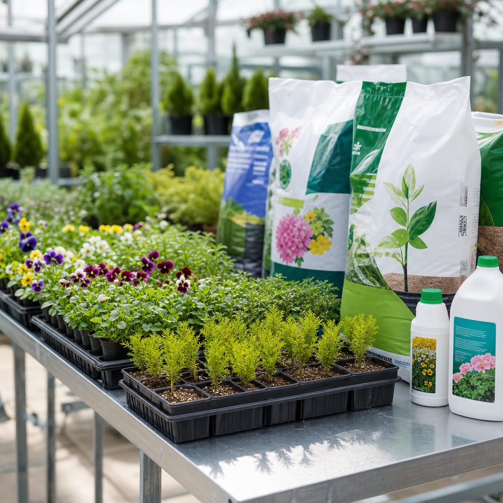 Trays of flower seedlings and small saplings beside bags of plant nutrition and fertilizer