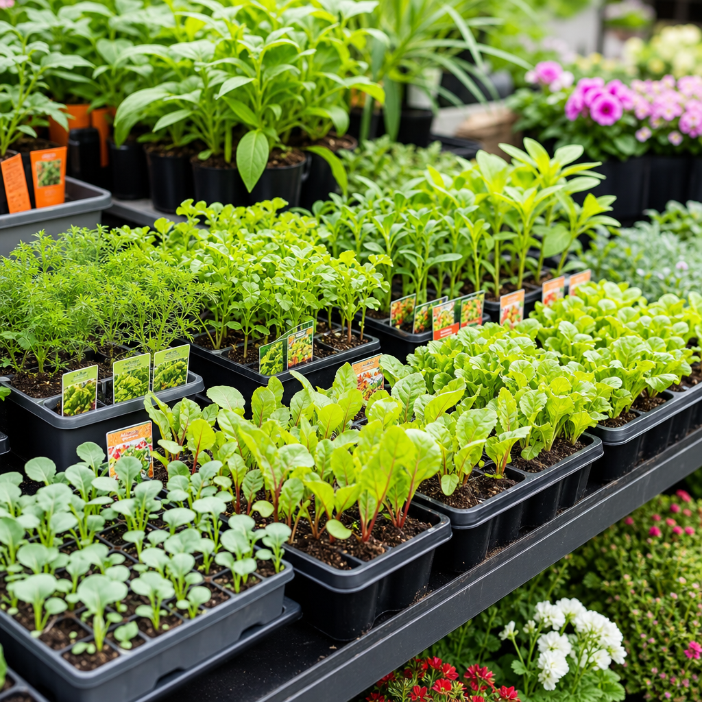 Trays of flower seedlings and small saplings beside bags of plant nutrition and fertilizer