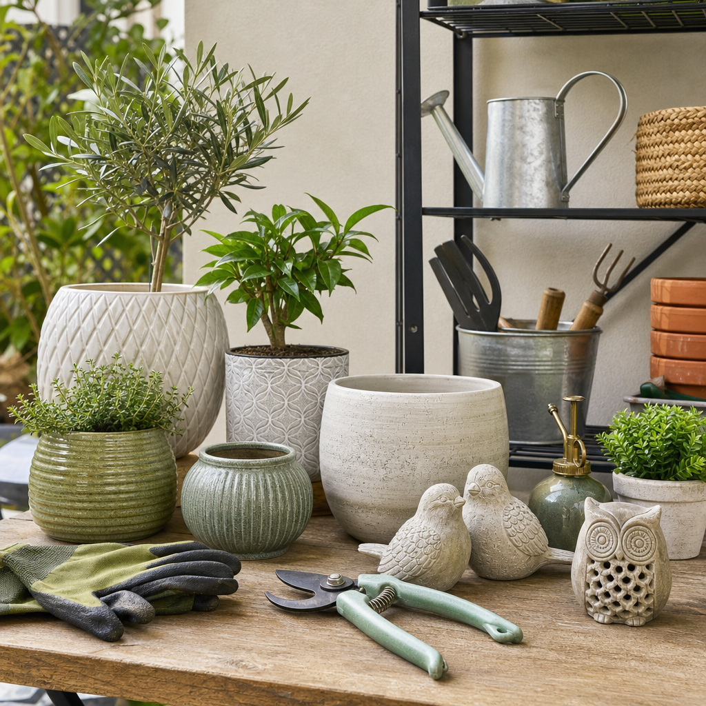 Garden accessory display with pots, pruning shears, decorative ornaments, and a small metal storage rack