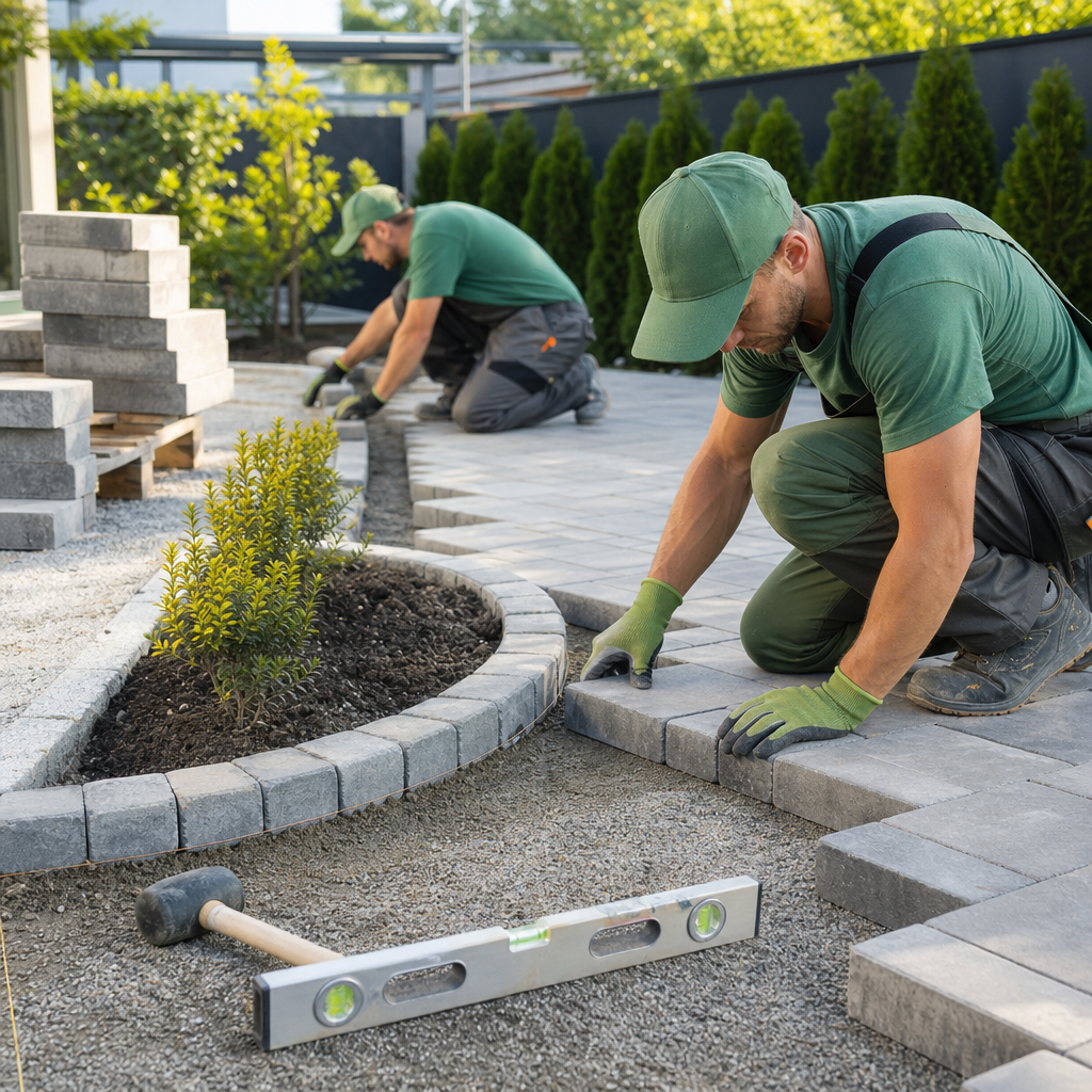 Landscapers installing stone pavers and edging for a garden hardscape project