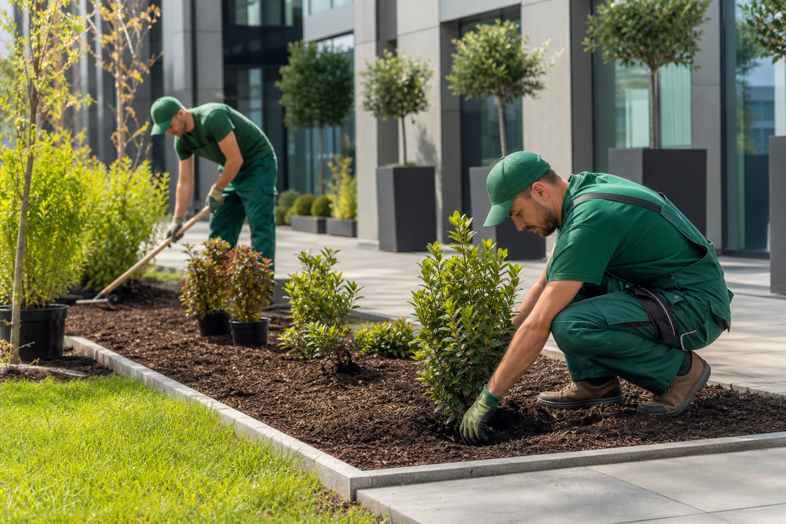 Landscaping team planting shrubs and laying mulch in a modern commercial courtyard