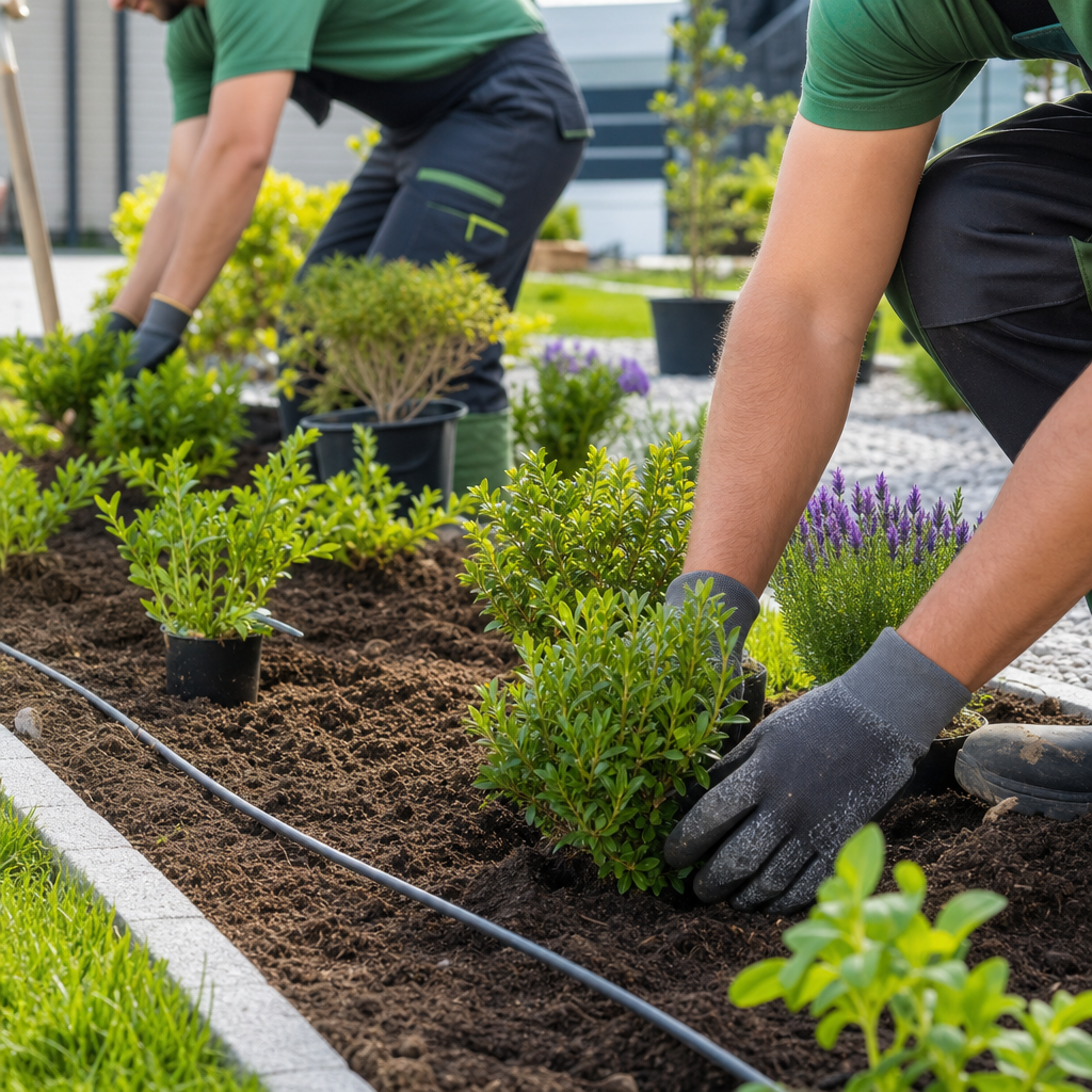 Crew planting shrubs and flowers in a fresh garden bed with soil and tools