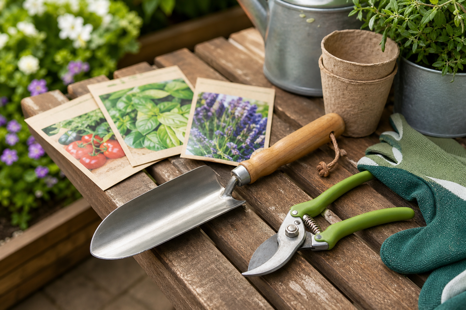 Garden tools, gloves, and accessories laid out on a wooden bench