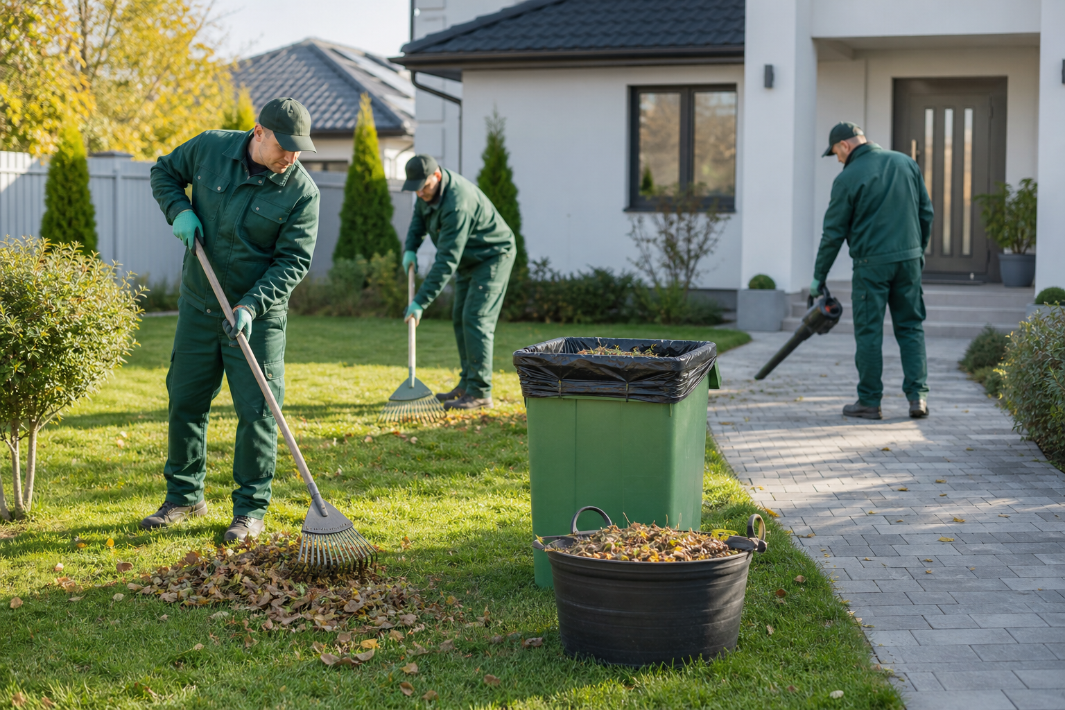 Technicians performing general yard cleaning with rakes and bins in a tidy residential garden