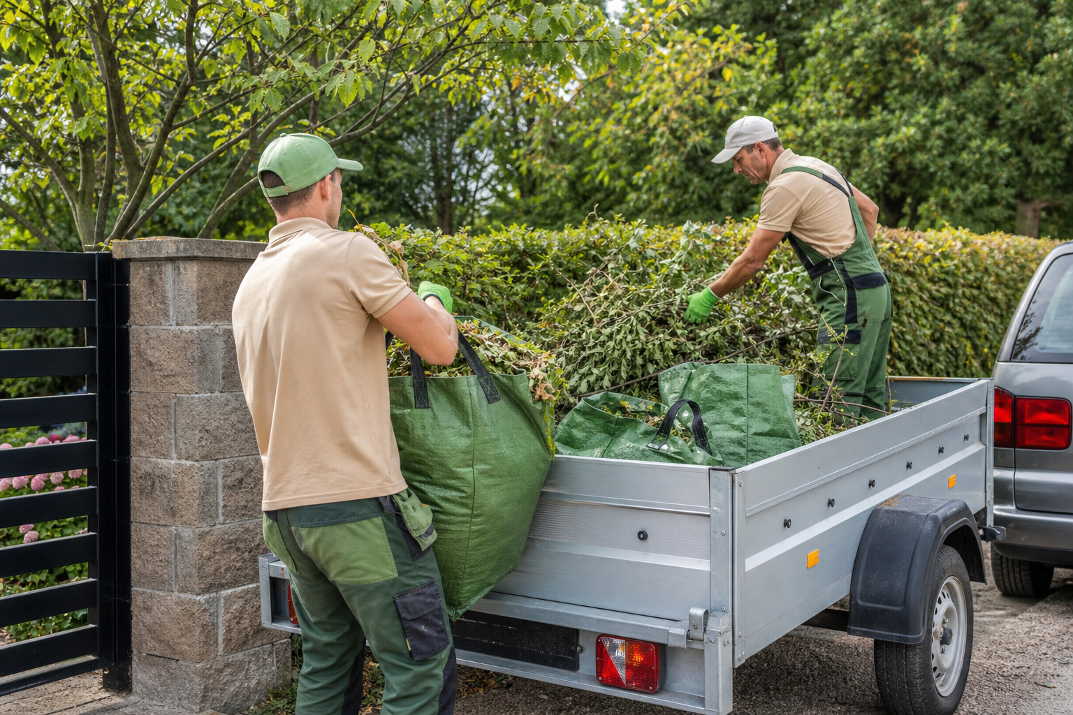 Workers loading bags of green waste and trimmed branches into a trailer near a garden