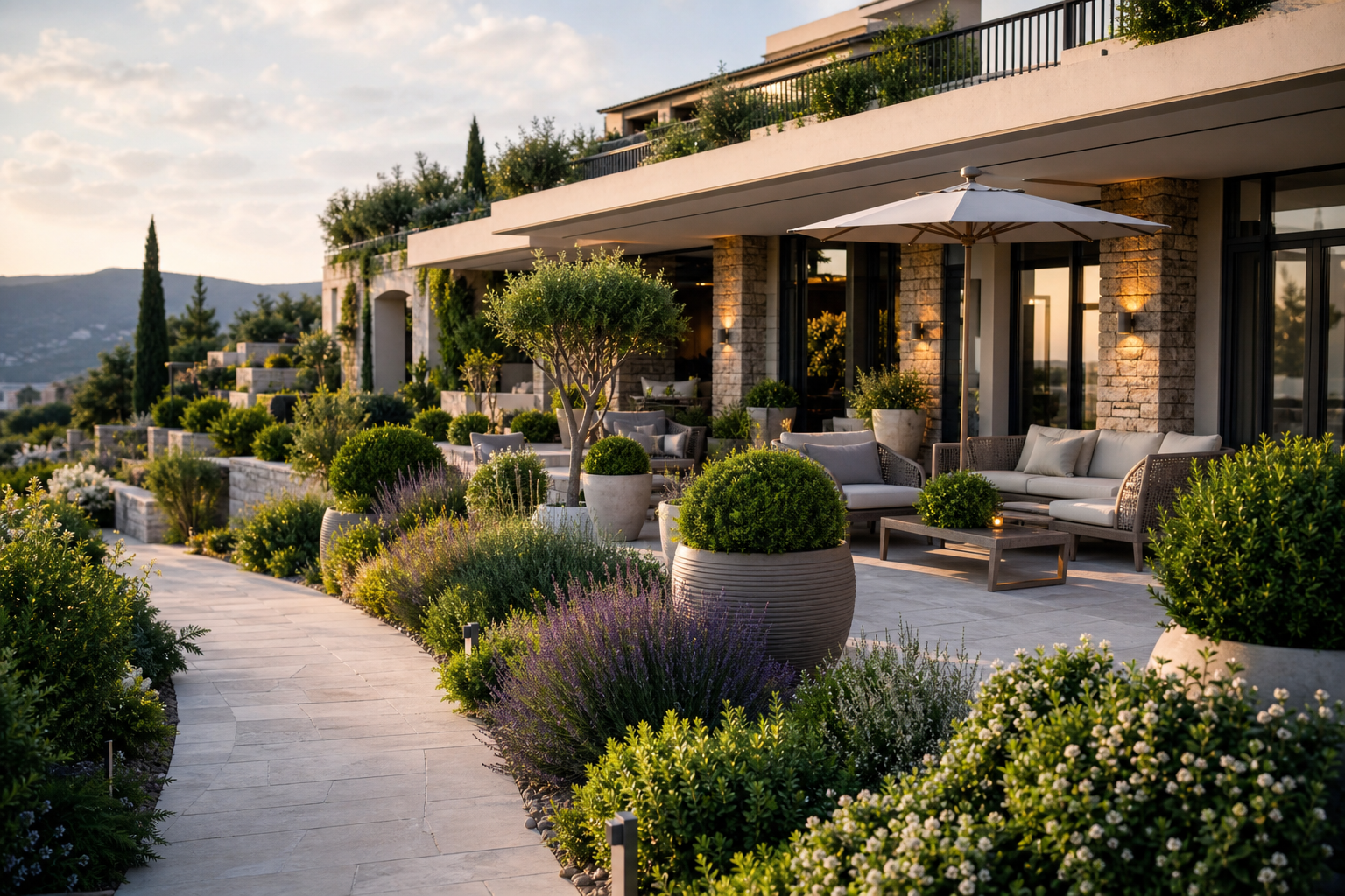 Boutique hotel terrace with landscaped gardens and coordinated plant arrangements