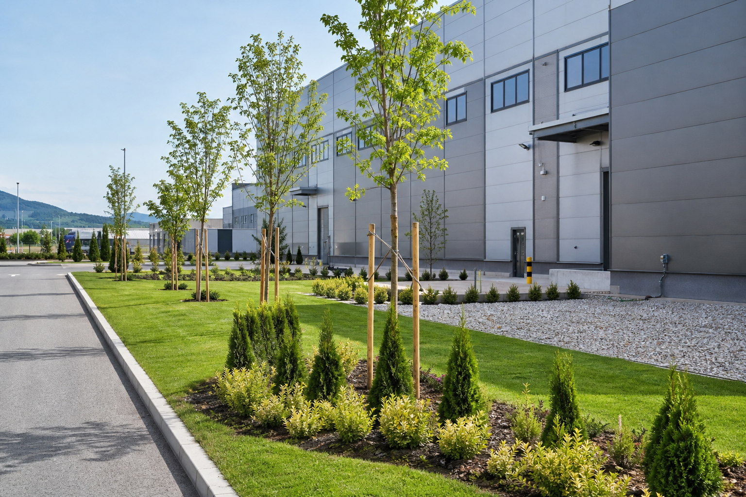 Industrial facility with newly planted green buffer zones and trimmed grass strips