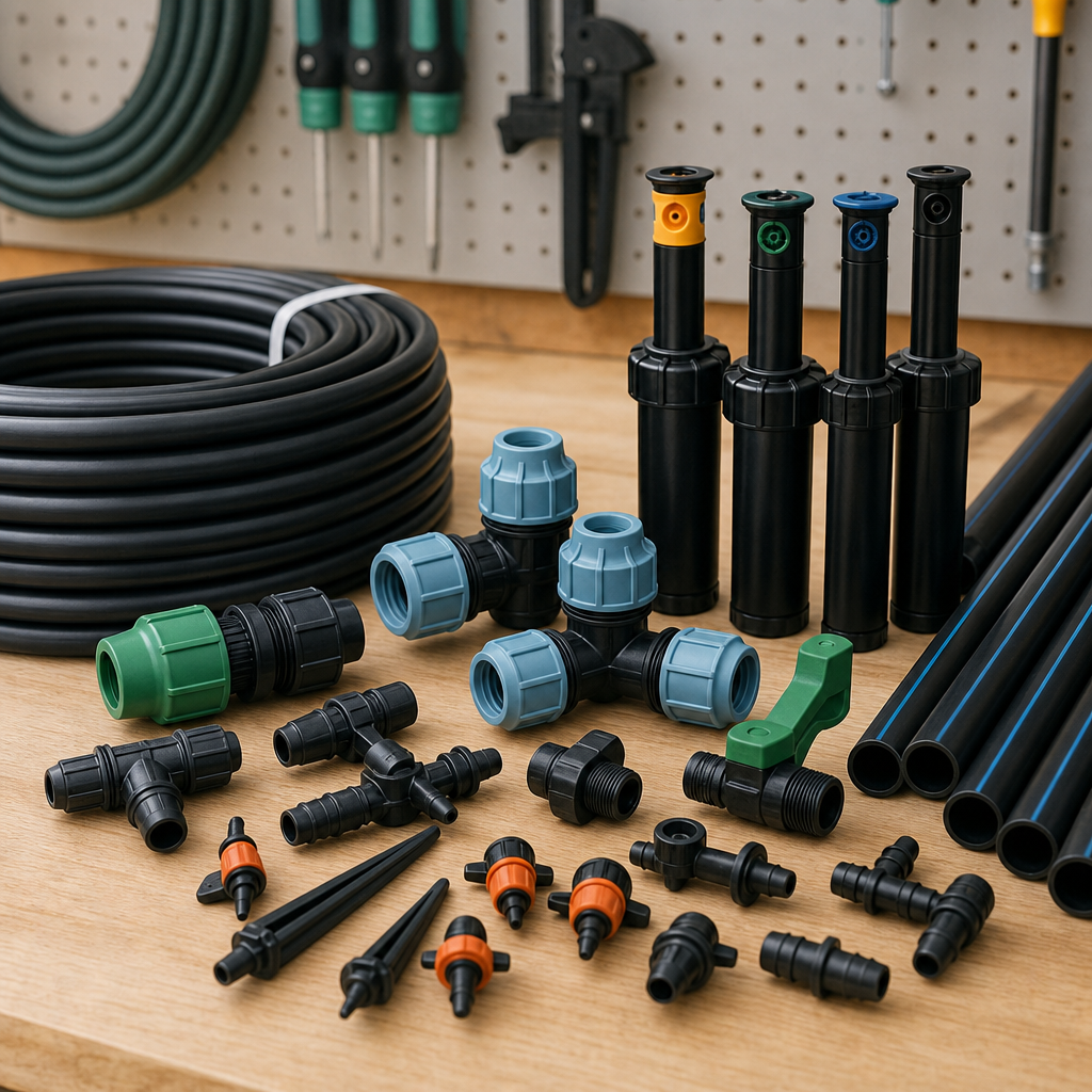 Irrigation pipes, connectors, and sprinklers laid out on a work surface