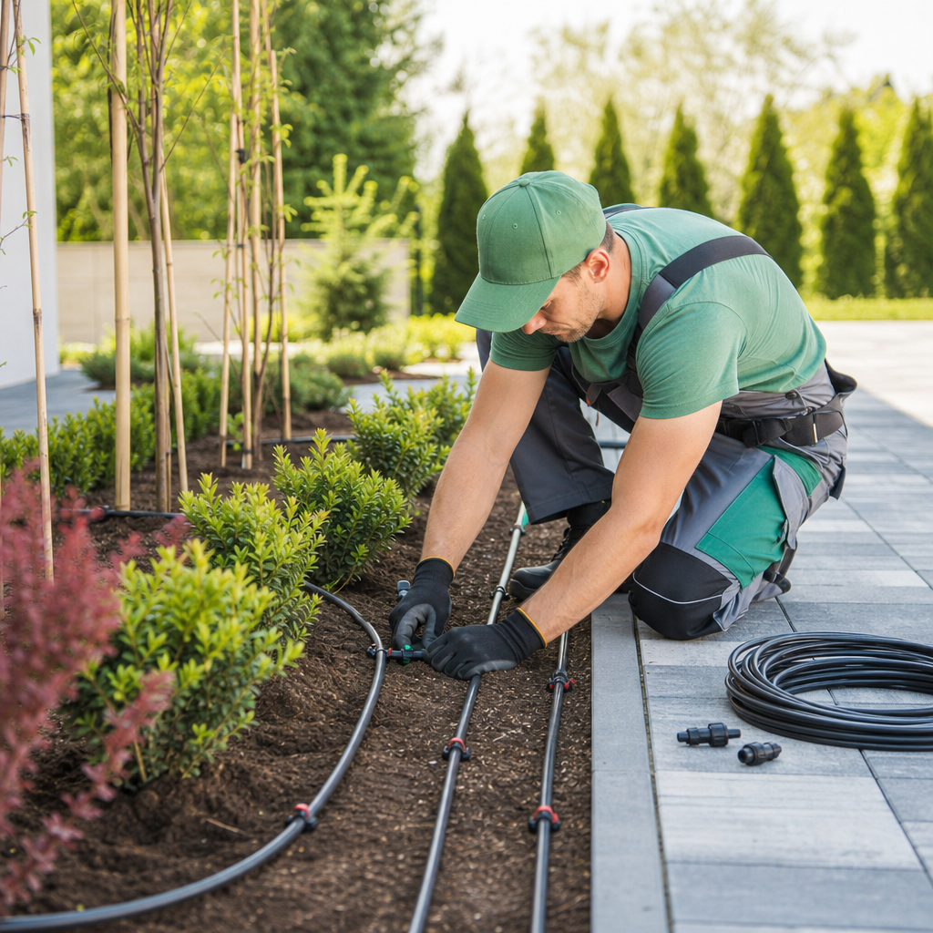 Technician installing drip irrigation lines along garden beds in daylight