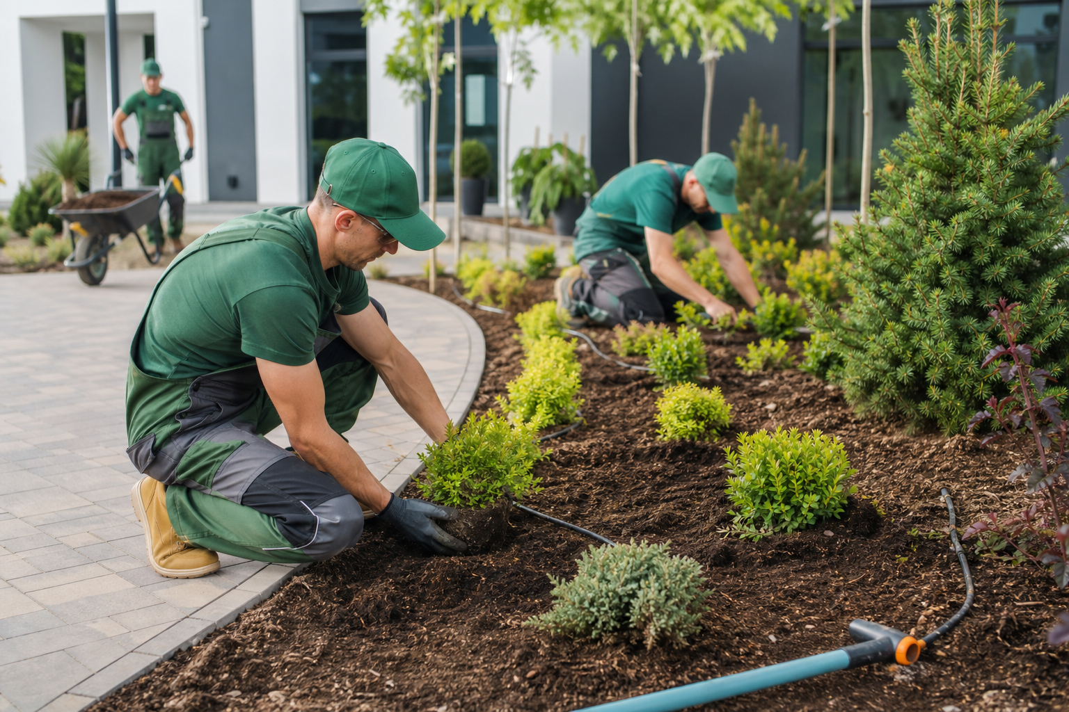 Landscaping team planting shrubs along a landscaped pathway