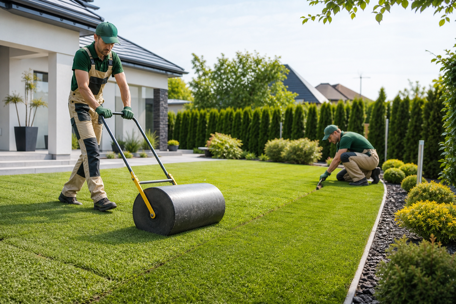 Freshly laid green lawn being rolled and trimmed by professionals in daylight on a residential property