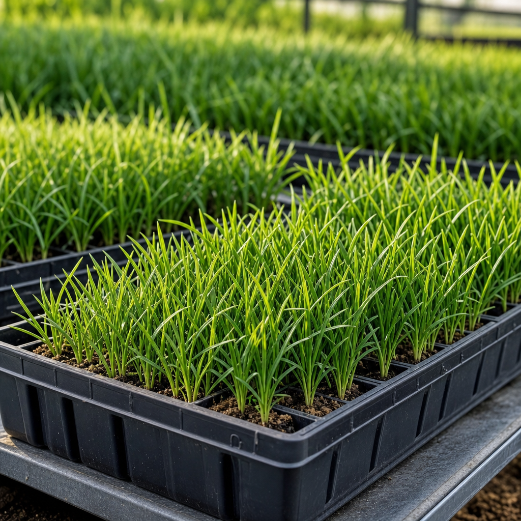 Fresh lawn grass seedlings in trays with dense green sprouts under soft daylight