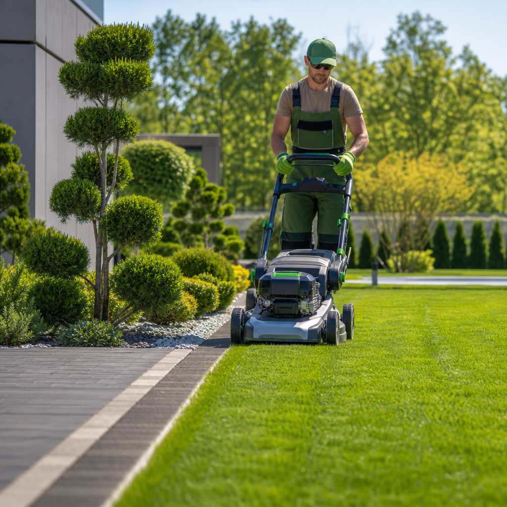 Landscaper trimming a green lawn with a professional mower on a sunny day