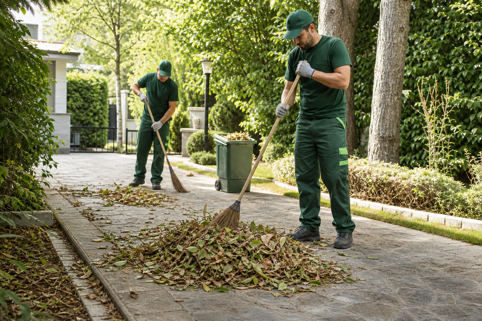 Staff sweeping fallen leaves and branches from a garden path in daylight