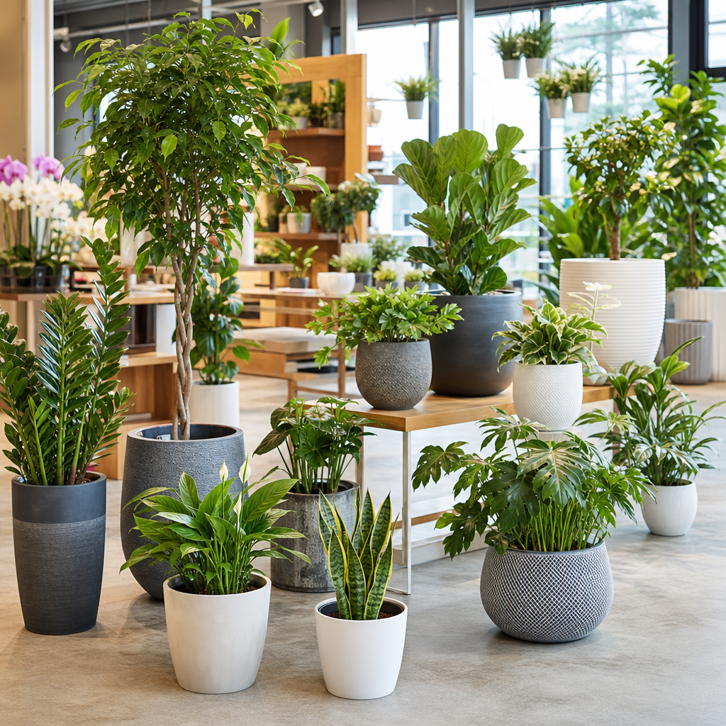 Selection of indoor and outdoor potted green plants with decorative planters