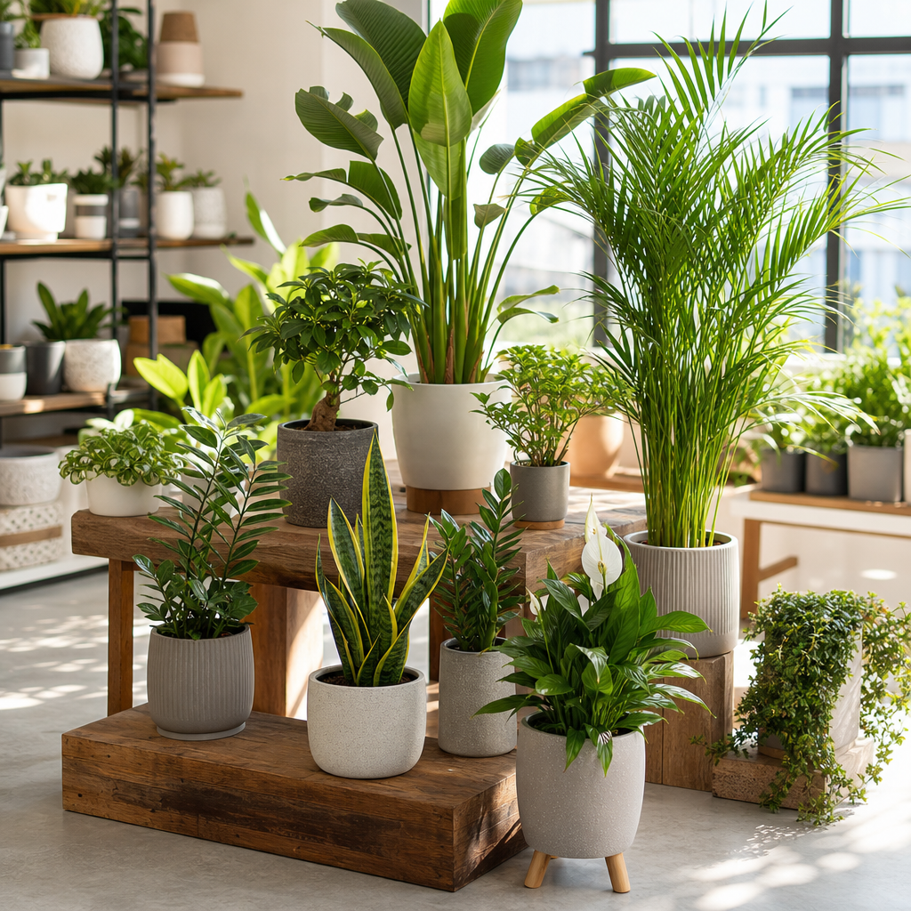 Selection of indoor and outdoor potted green plants with decorative planters