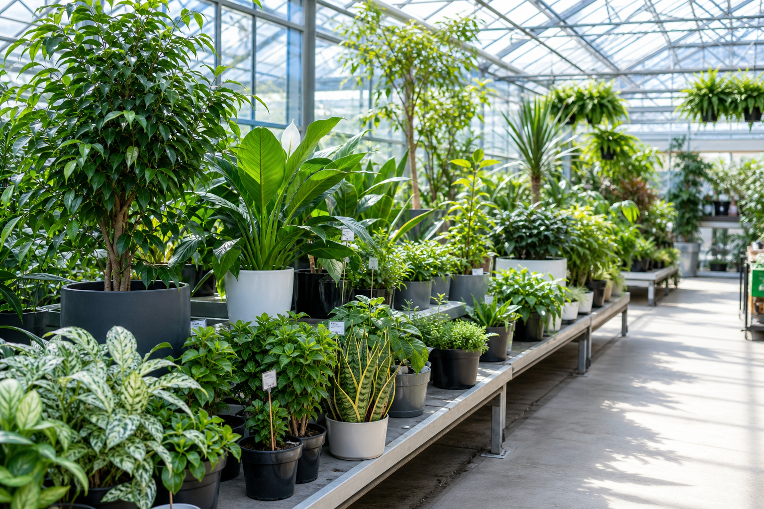 Selection of healthy potted green plants in a bright greenhouse