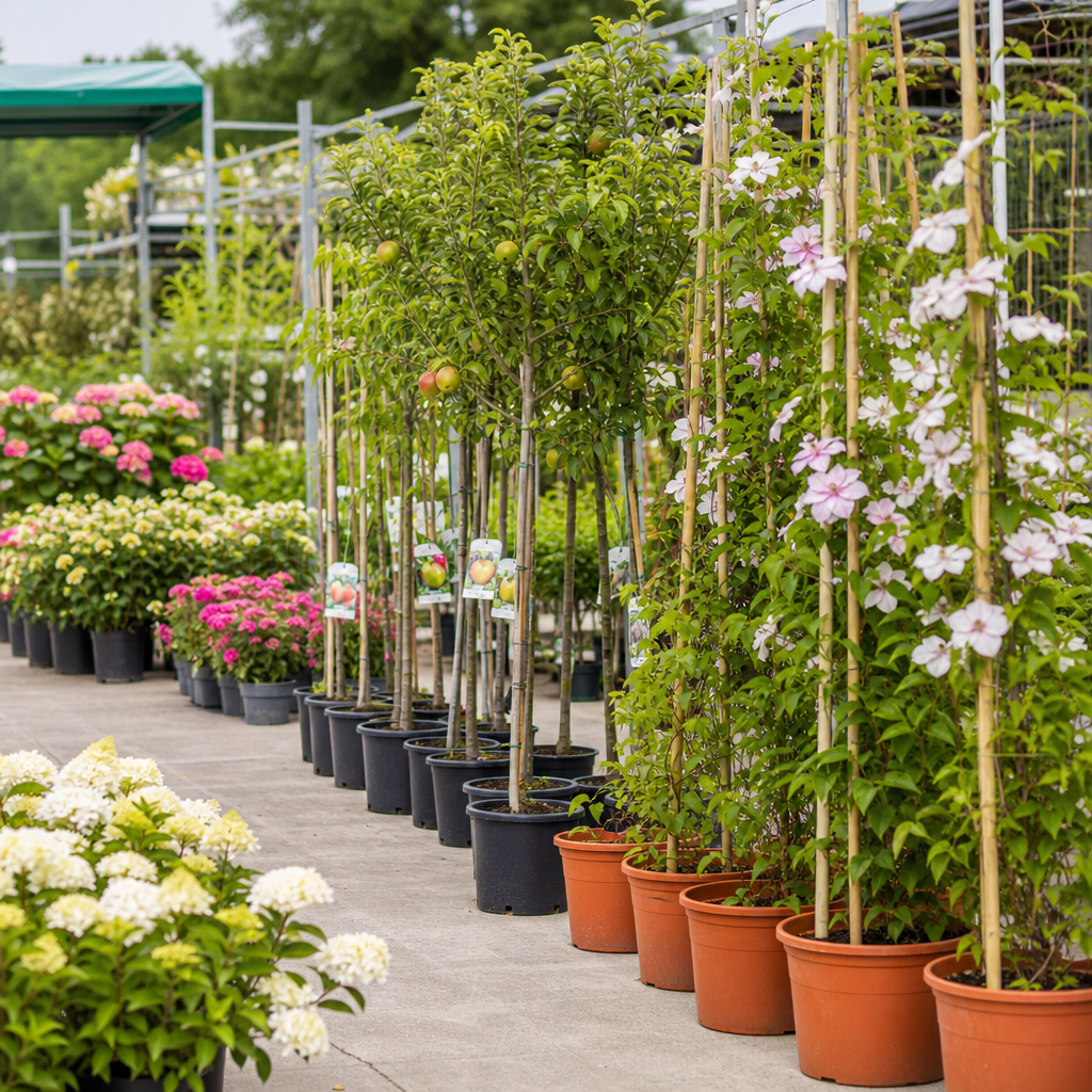 Nursery row with flowering shrubs, young fruit saplings, and trellis-supported climbing vines