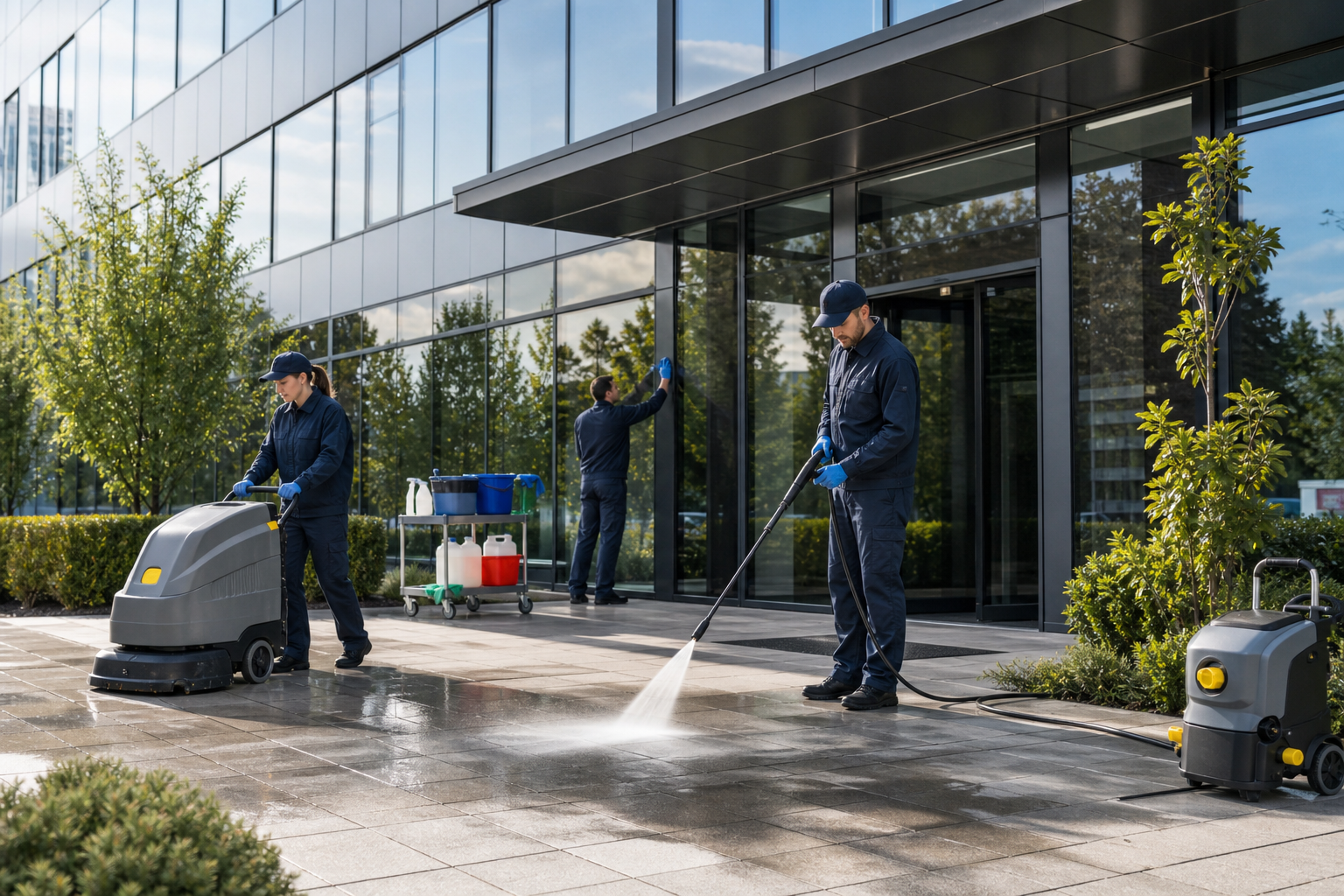 Facility team conducting exterior cleaning around a modern office building entrance