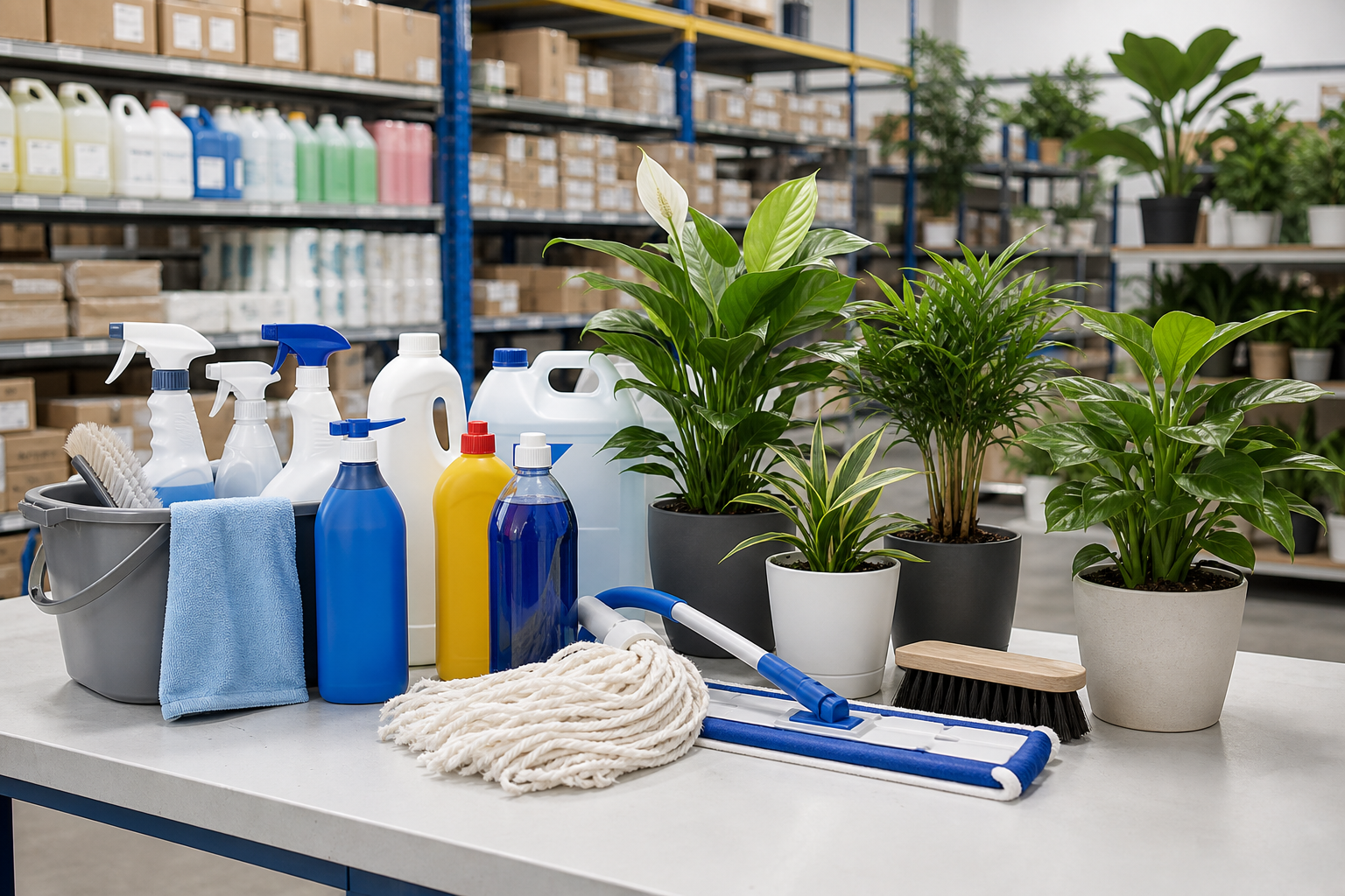 Assorted cleaning supplies and potted plants arranged for online trading fulfillment