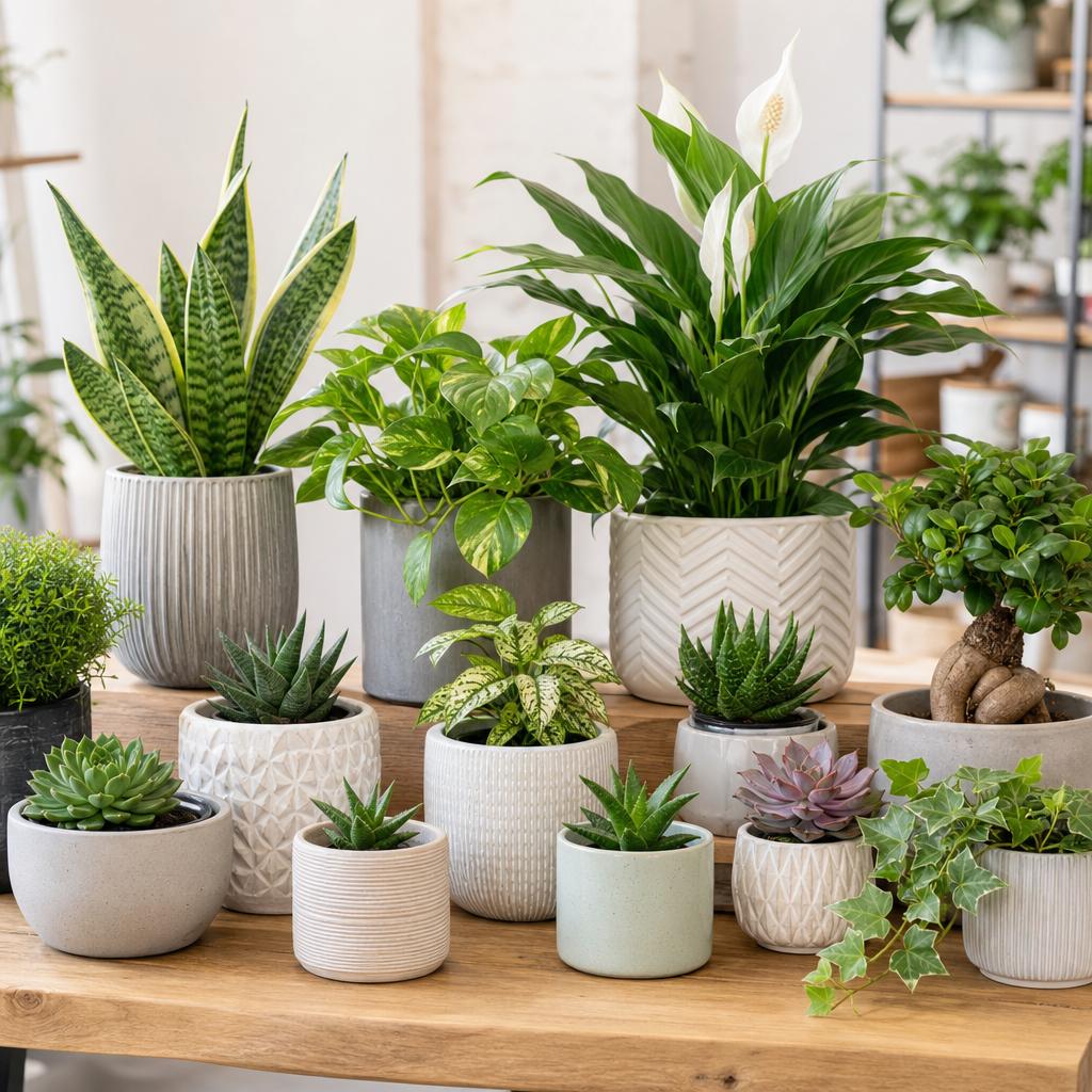 Mixed ornamental potted plants with succulents and leafy foliage on a display table