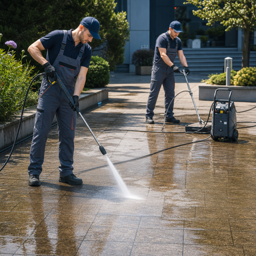 Technicians cleaning and repairing outdoor pavement with pressure washing equipment