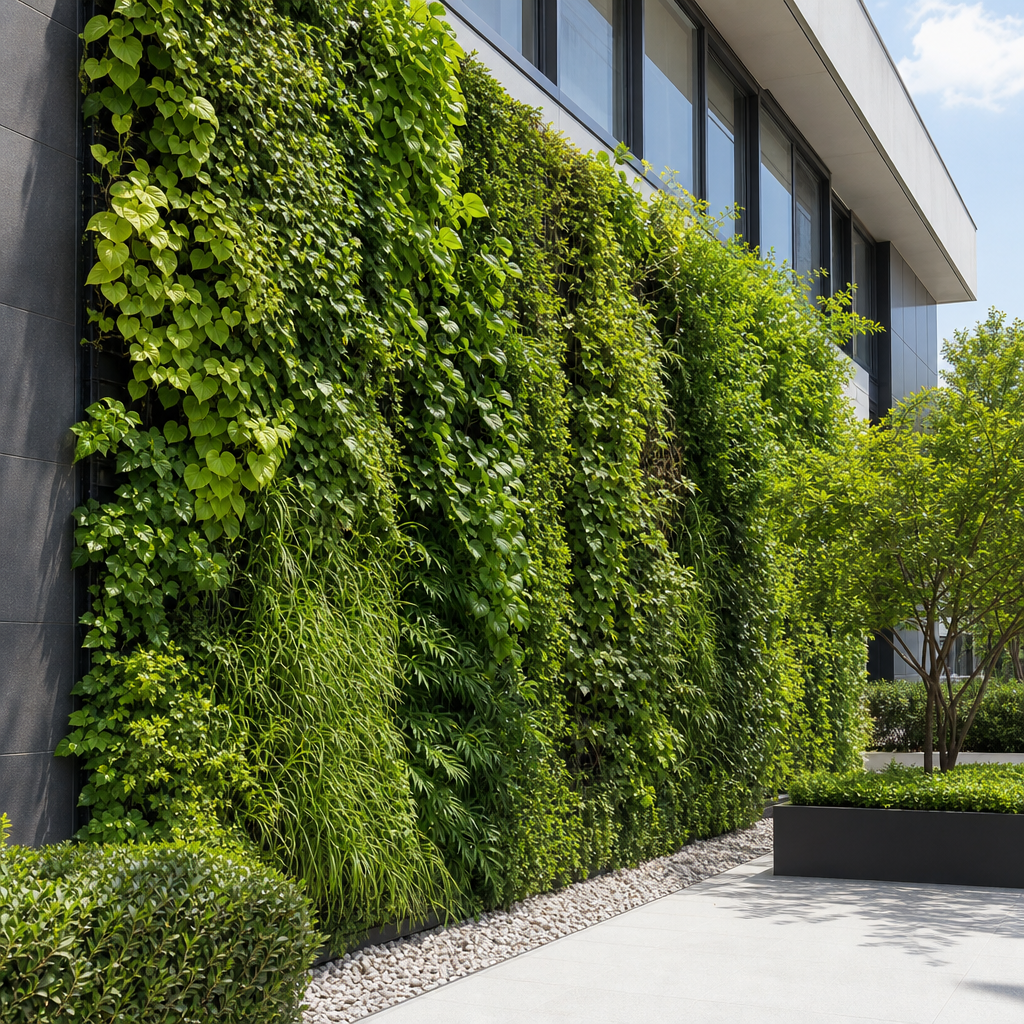 Vertical green wall with climbing plants on an exterior facade in daylight
