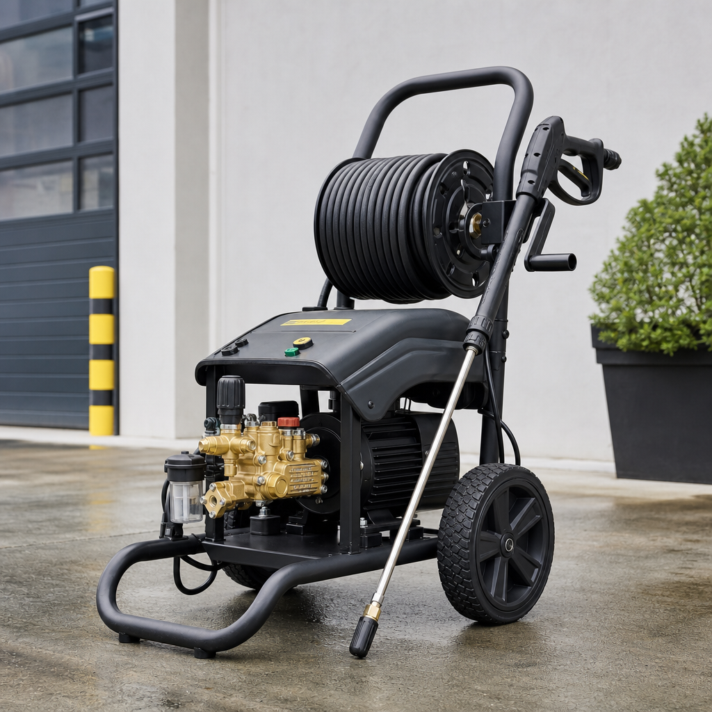 Commercial pressure washer unit with hose and spray lance ready for outdoor cleaning