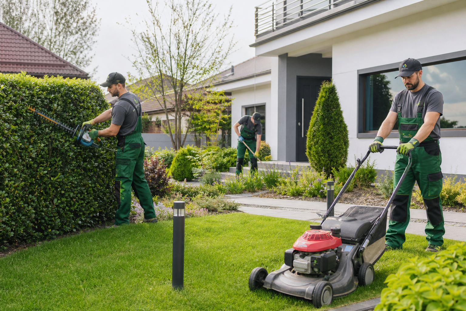 Landscaping team trimming hedges and mowing a residential yard with neat lawn and garden beds