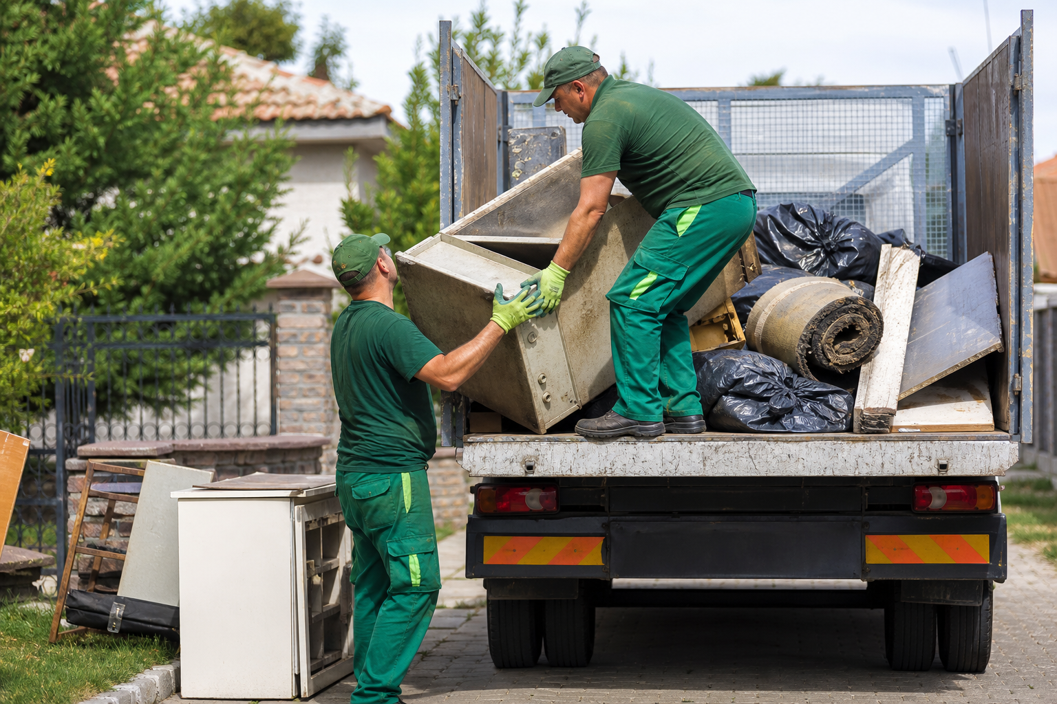 Rubbish hauling with workers lifting bulky waste into a truck near a yard