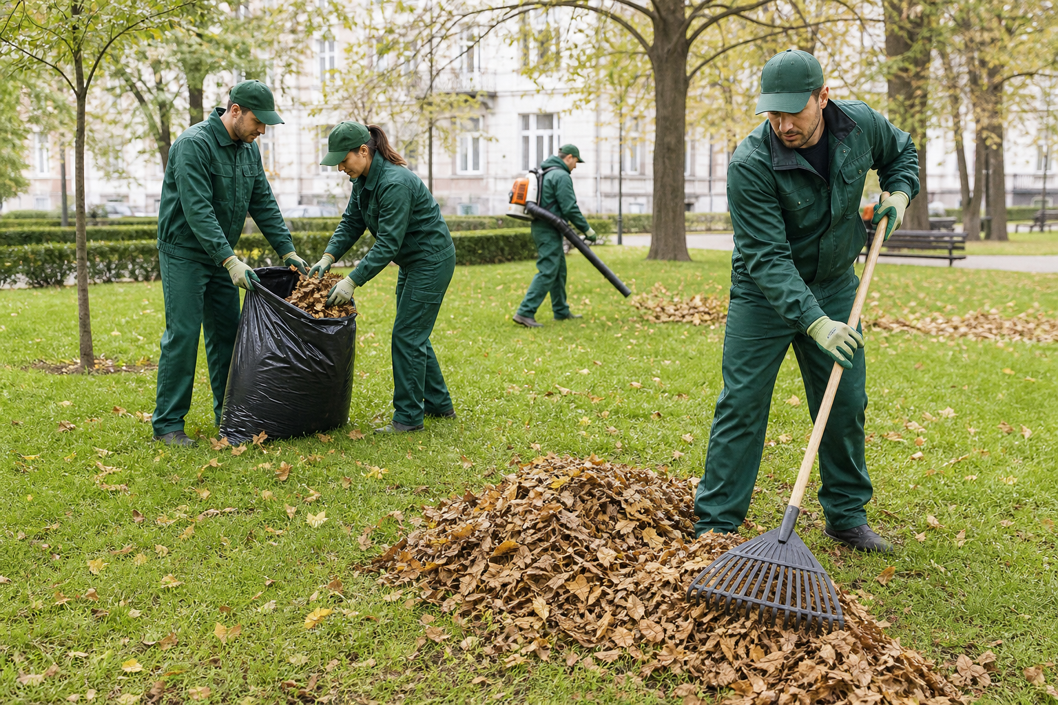 Seasonal yard cleanup with team gathering leaf piles in a large green space