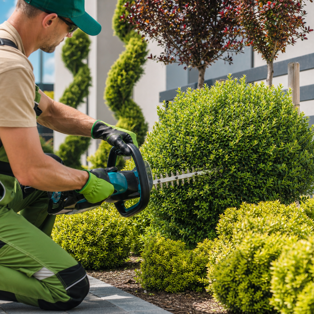 Landscaper shaping dense shrubs with electric trimmer in a neat garden bed