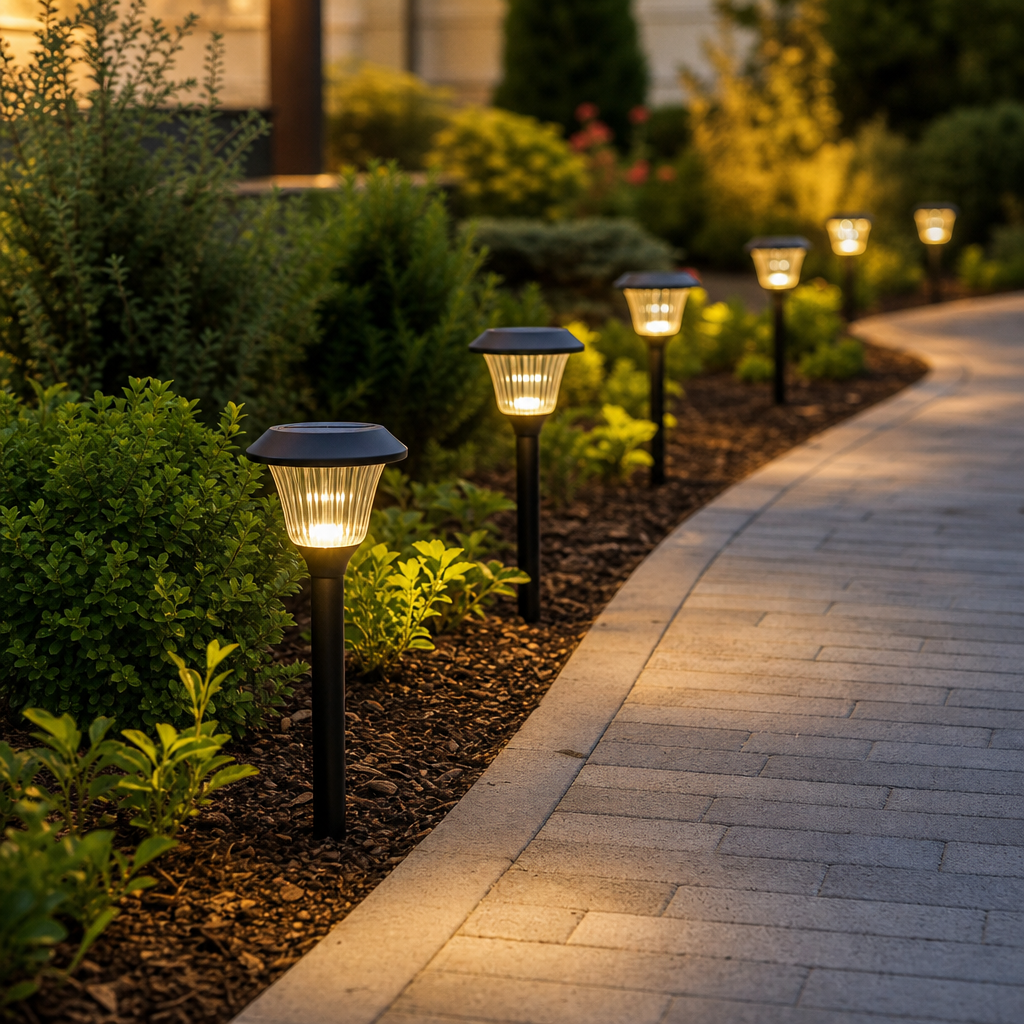 Solar garden lights placed along a landscaped pathway at dusk