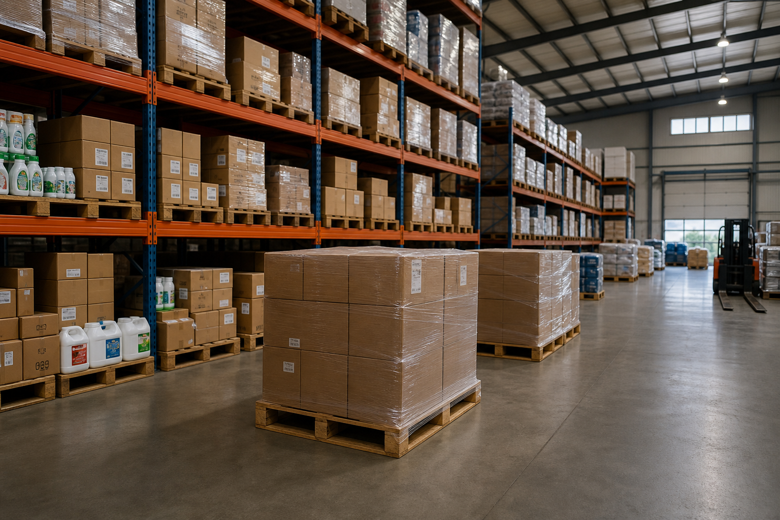 Warehouse shelves with boxed goods and pallets prepared for shipment