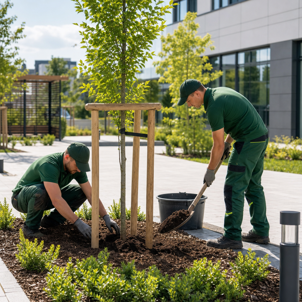 Young tree being planted with support stakes in a commercial courtyard
