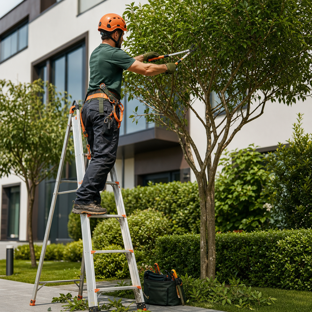Arborist pruning tree branches with safety gear in a landscaped courtyard