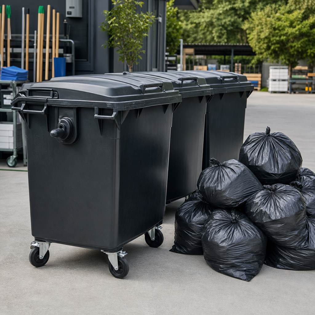 Heavy-duty outdoor waste bins with bundled trash bags in a service area