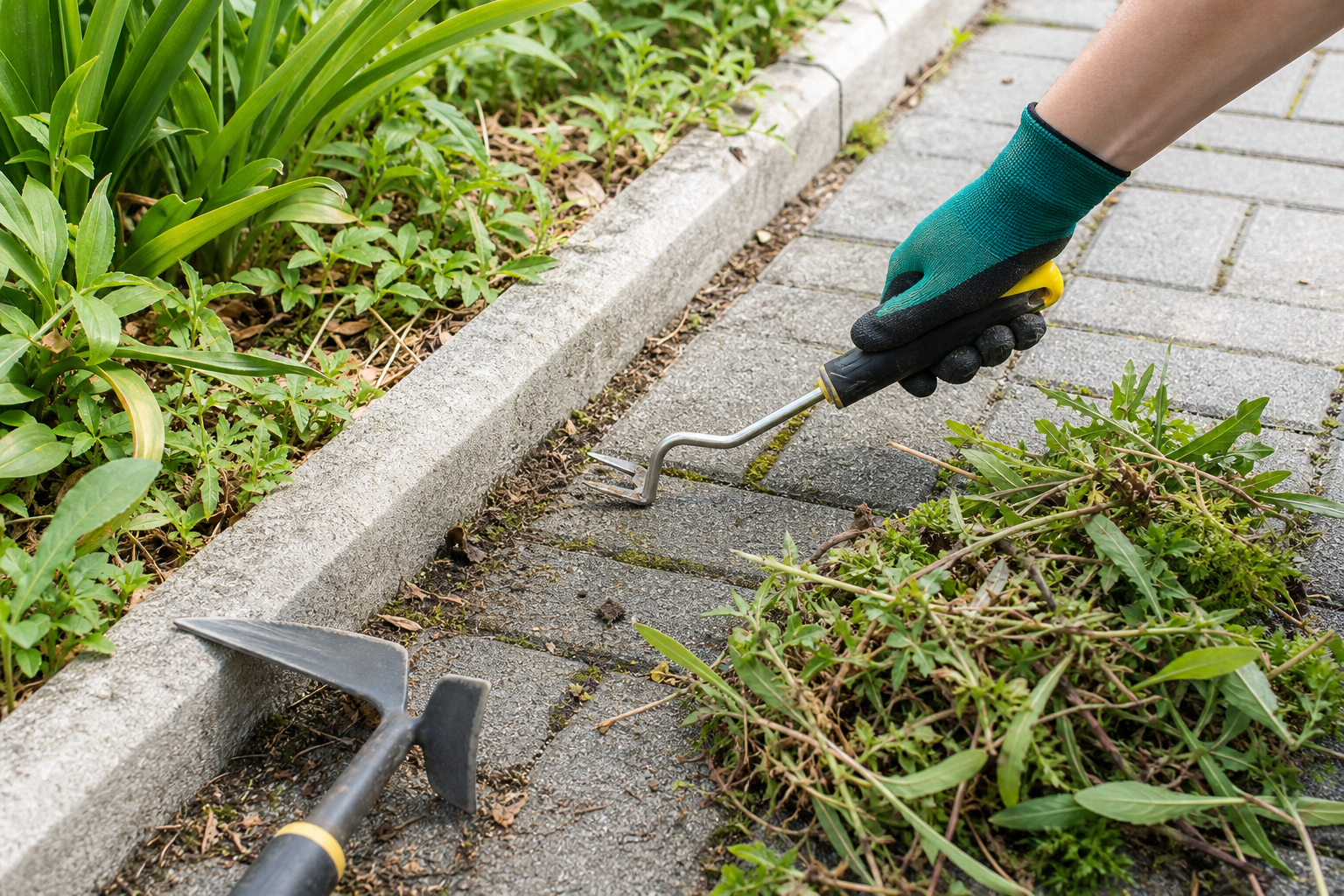 Close-up of weed clearance in a paved courtyard with tools and removed weeds