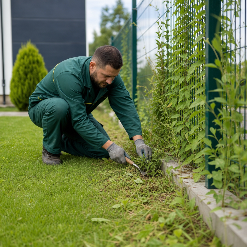 Technician removing dense weeds along a fence line in a maintained yard
