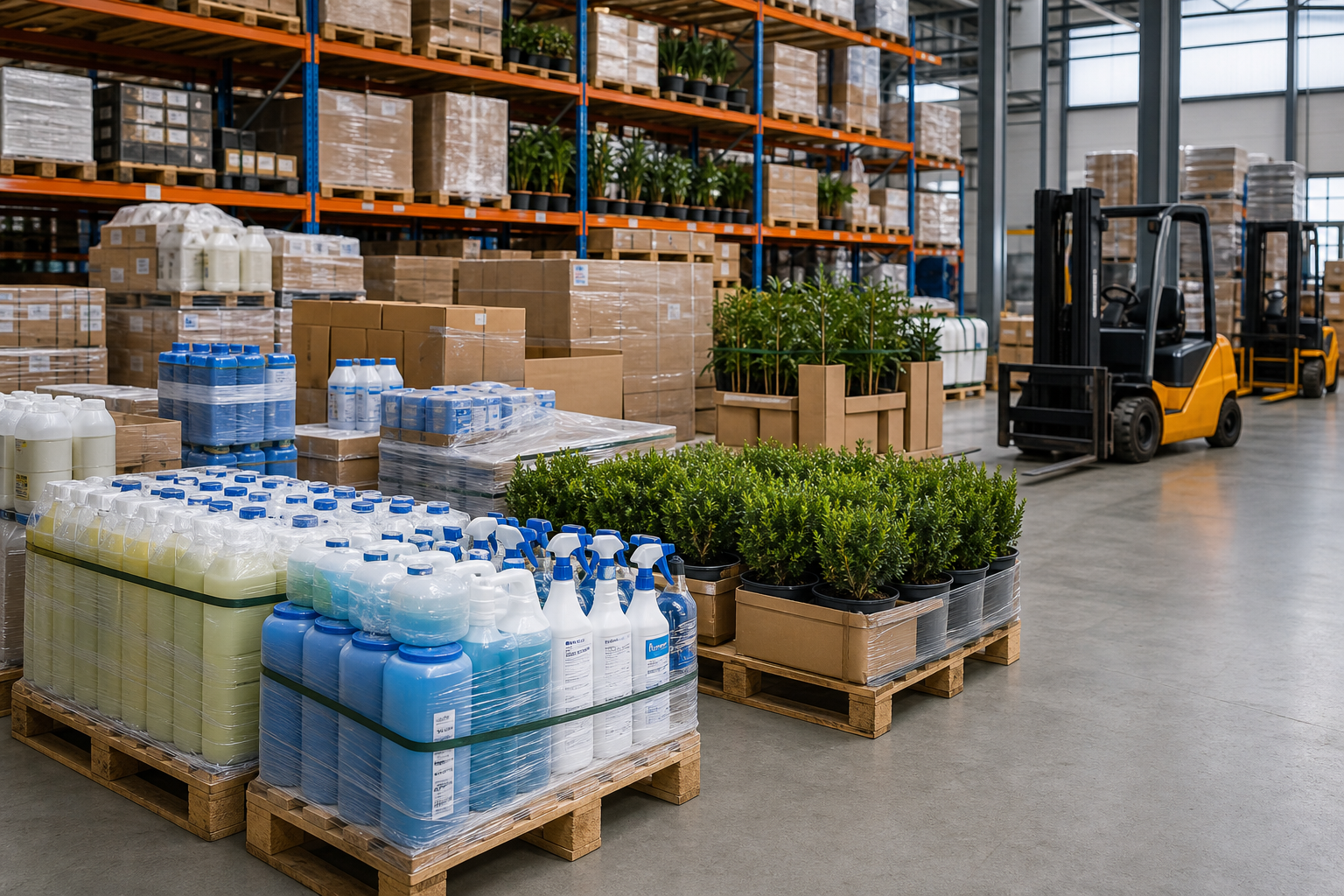 Warehouse aisle with pallets of cleaning products and boxed potted plants prepared for wholesale distribution