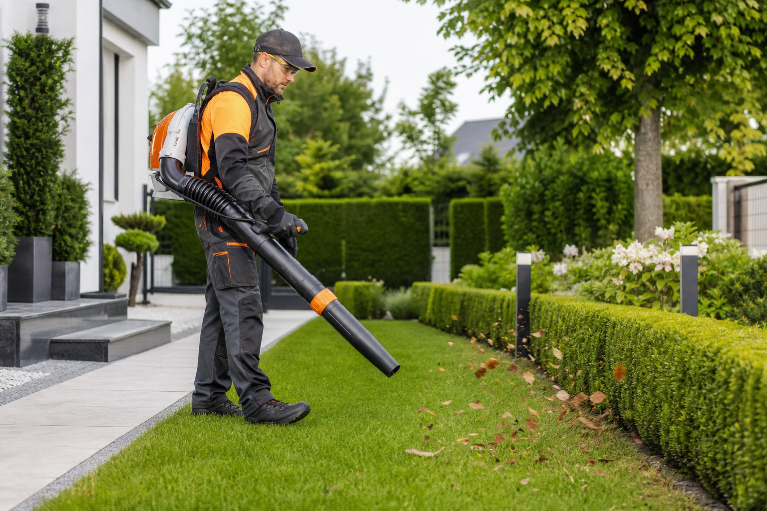 On-site yard cleaning with a worker using a professional leaf blower in a tidy residential garden