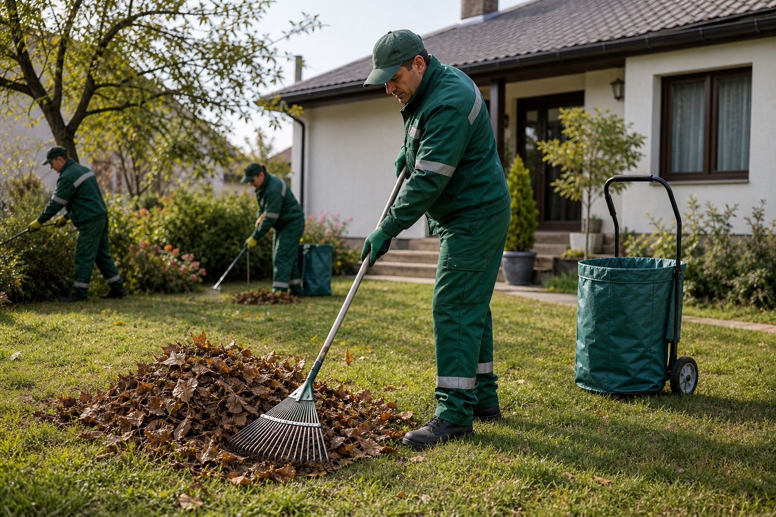 Crew clearing leaves and debris from a residential yard in daylight