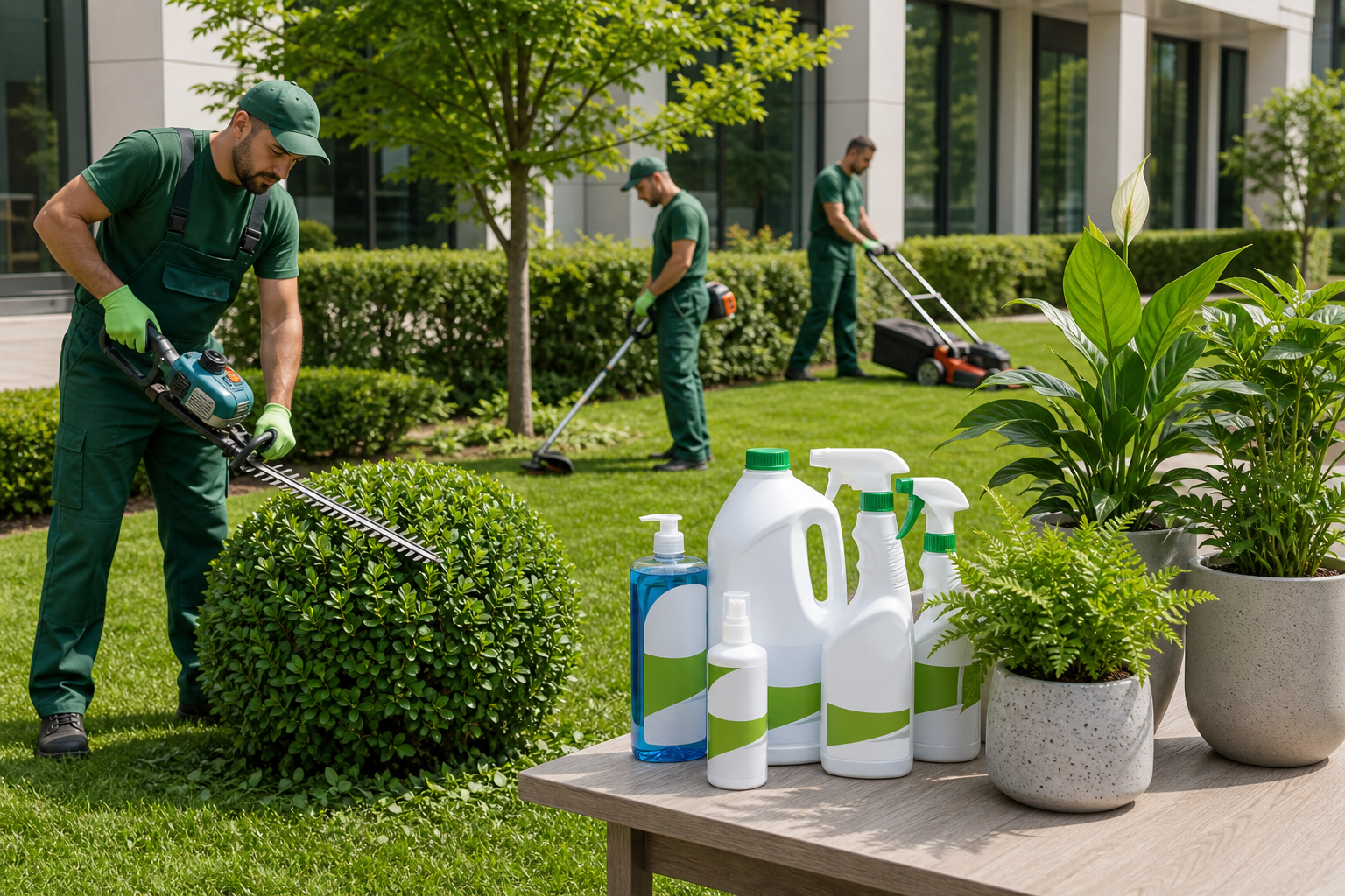 Composite real-scene photo showing a yard maintenance crew working on a landscaped lawn beside a neatly arranged display of cleaning products and potted green plants