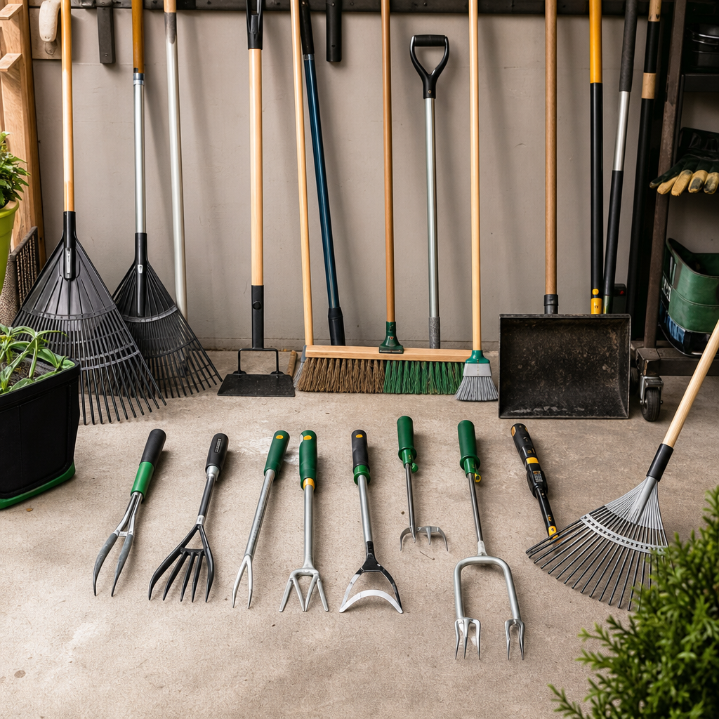 Assorted yard maintenance tools including weed pullers, brooms, and rakes on a workshop floor