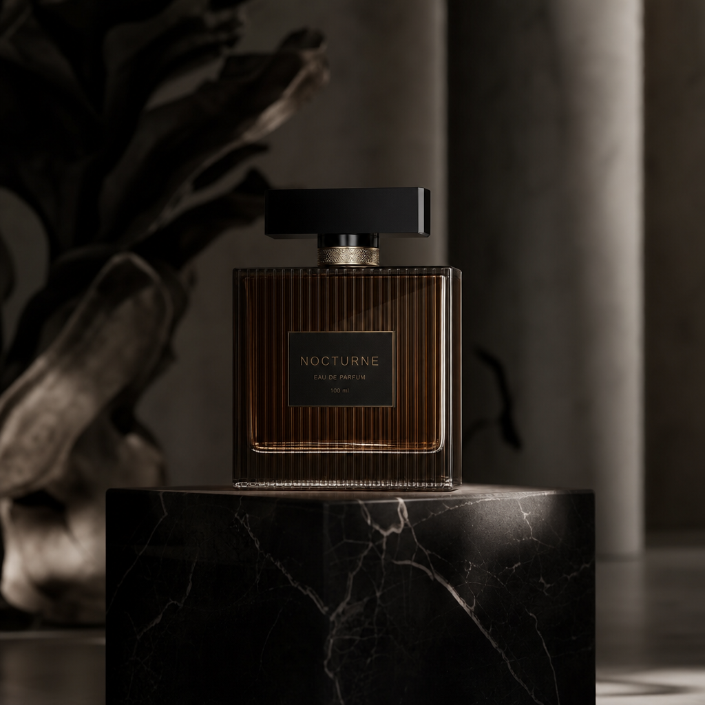 Elegant luxury perfume bottle on a dark marble plinth with soft side lighting