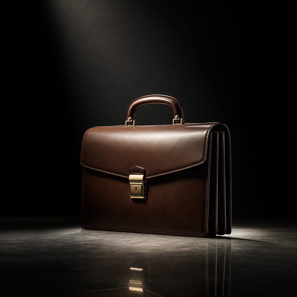 High-end leather briefcase on a reflective studio floor with moody spotlight
