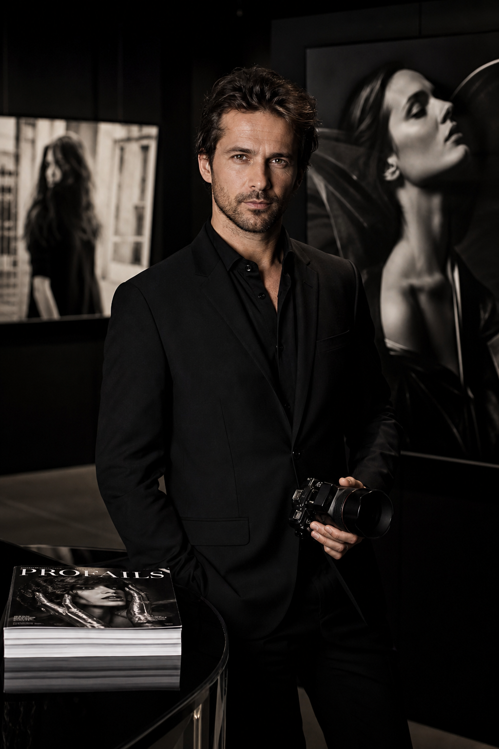 Cinematic studio portrait of a male art photographer in a tailored black suit, standing in a dark gallery space with soft directional lighting and subtle reflections
